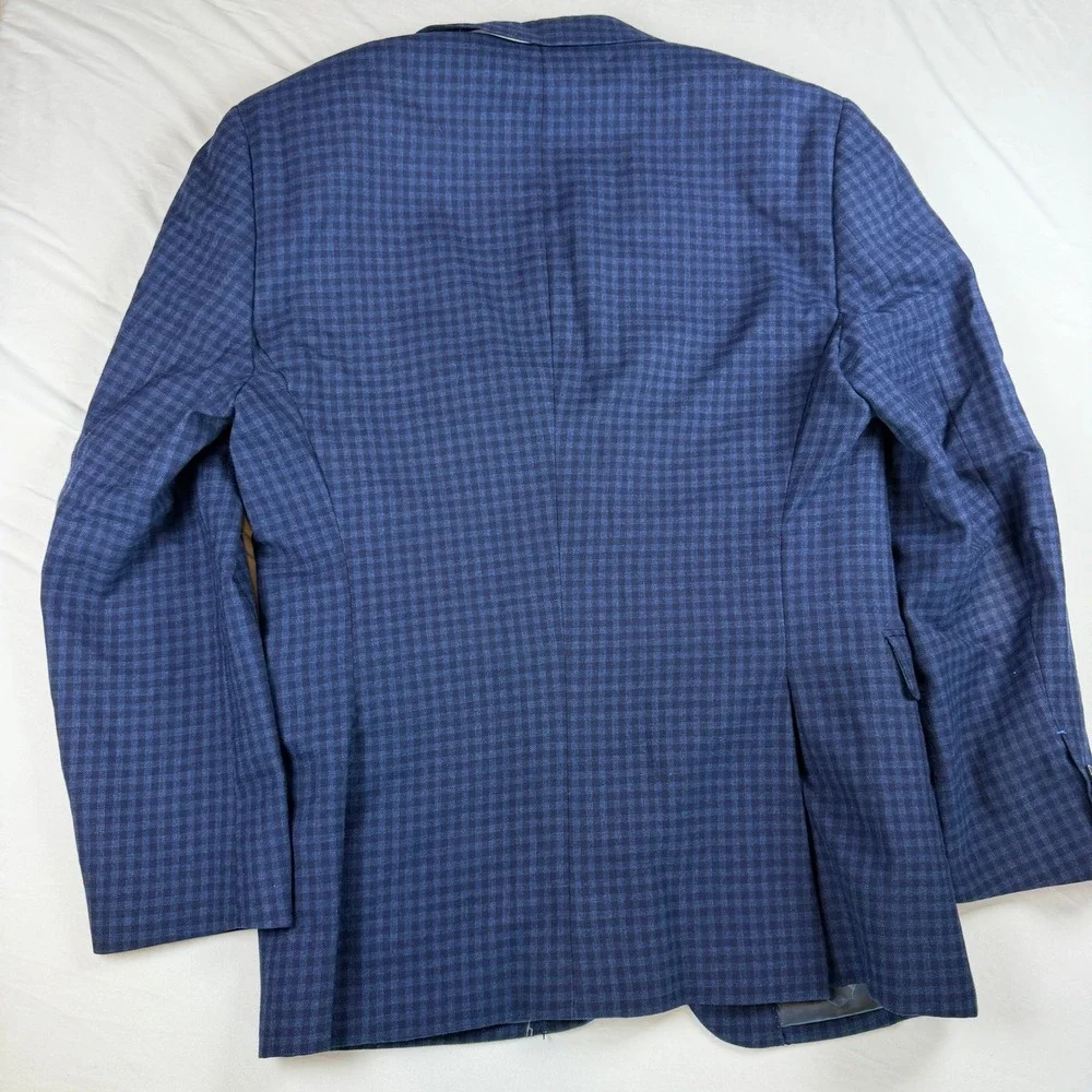 Vince Camuto Mens 42R Navy Blue Gingham 100% Wool Modern Fit Blazer Sport Coat